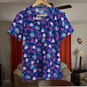 Divine Stretch by JDM Floral Blue and Pink Women’s Scrubs Shirt Size M